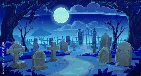 cemetery landscape graveyard tombstones background vector halloween horror night cartoon