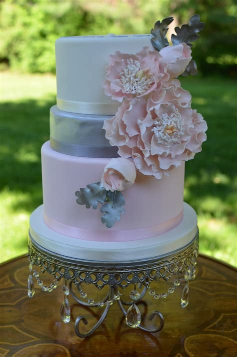 Blush Silver And White Cake With Sugar Peonies
