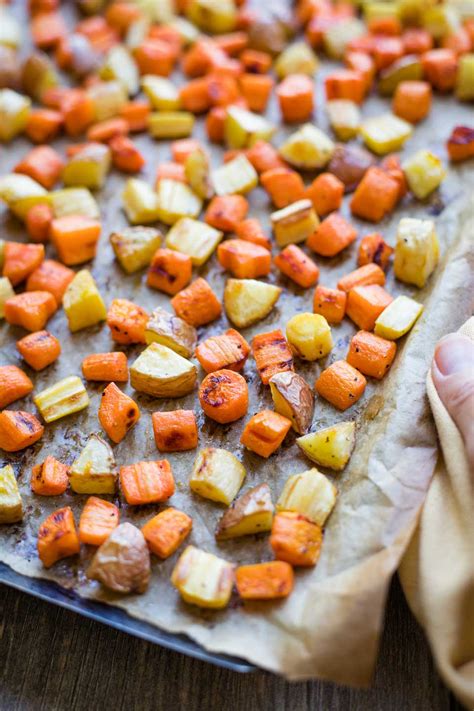 Spoon vegetables into a serving bowl; Roasted Root Vegetables with Honey-Dijon Drizzle - Two ...
