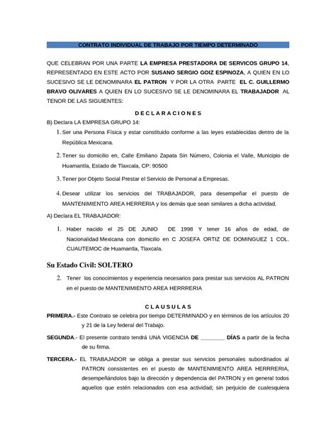 Docx Contrato Individual De Trabajo Por Tiempo Determinado Dokumentips