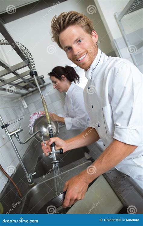 Man Washing Dishes In Restaurant Stock Image Image Of Adult Faucet