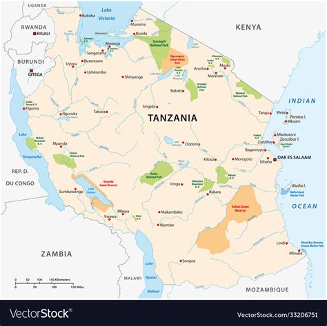National Park Map Tanzania Royalty Free Vector Image