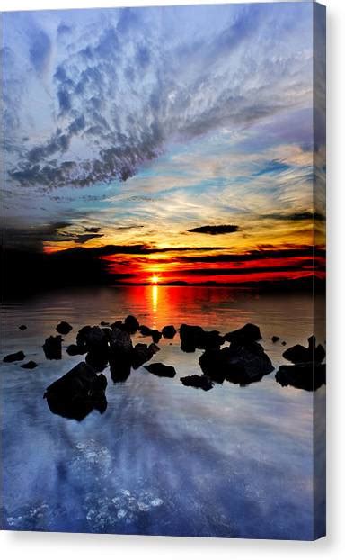 Dark Red Sunset Reflection Transparent Blue Sea Black Clouds Art