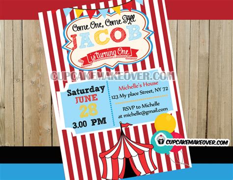 Big Top Circus Birthday Party Invitation Personalized Cupcakemakeover