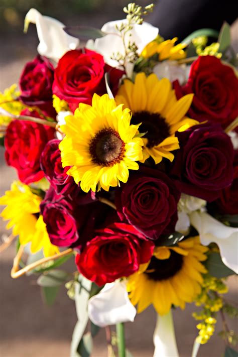Sunflowers Dark Red Roses And Calla Lilies Rose And Lily Bouquet