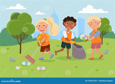 Little Kids Are Cleaning Up Park From Litter Together Stock Vector