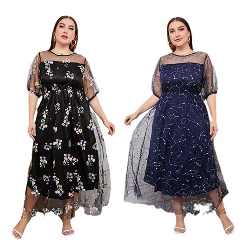 Summer Women Embroidery Floral Print Mesh Maxi Dress Plus Size L To 4xl Evening Elegant And
