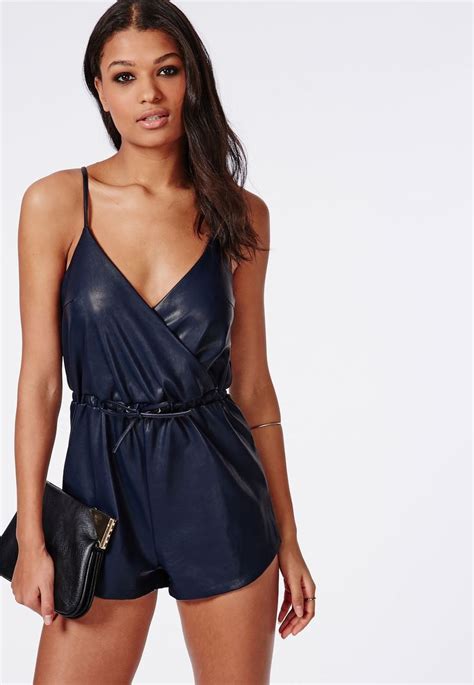 Missguided Strappy Wrap Pu Playsuit Navy Womens Playsuits Fashion