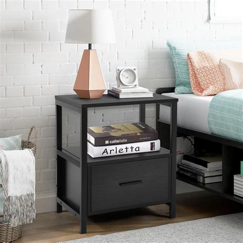 Vecelo Modern Square End Table With 1 Drawer And Shelf Black Nightstand