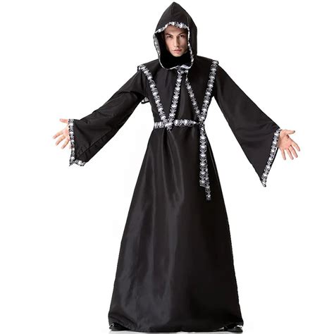 Mens Medieval Dark Mystic Sorcerer Robe Halloween Costume Hooded Cape