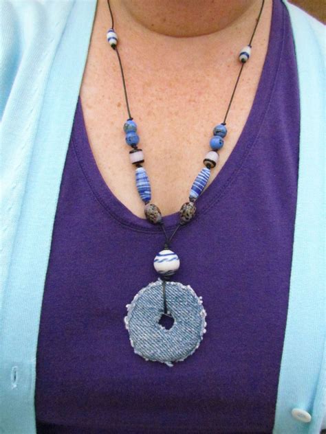 Necklace Pendant Of Recycled Denim With Black Leather Cord Etsy
