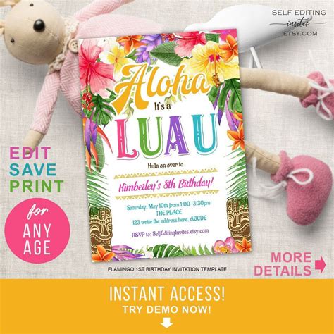 Aloha Invitation Luau Birthday Invites Hawaiian Luau Party Etsy
