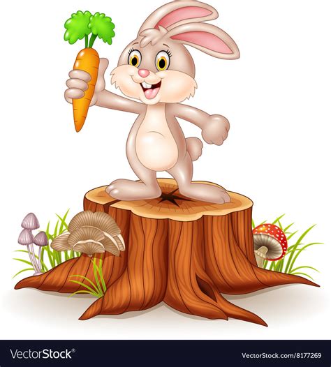 Cute Bunny Holding Carrot On Tree Stump Royalty Free Vector