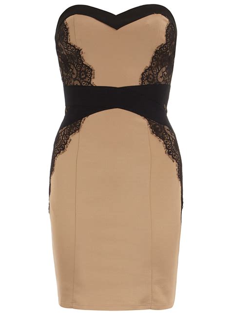 Ladies Black And Nude Lace Panel Strapless Dress 1332