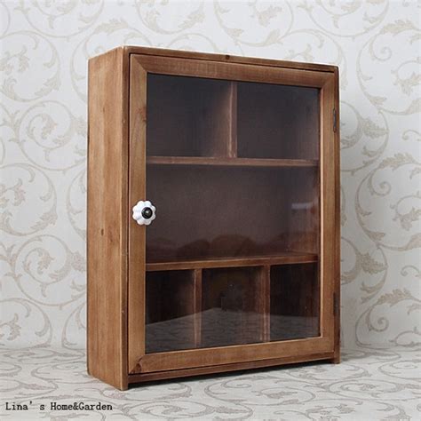 Natural Finish Antique Brown Wood Small Storage Cabinet With Glass Door