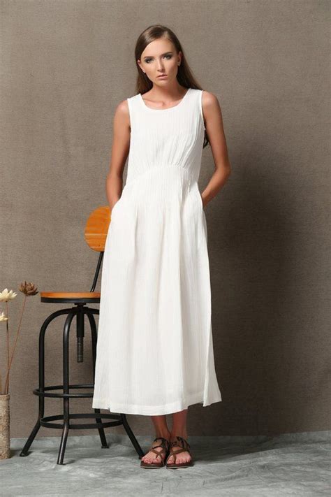 White Linen Dress Long Linen Dress Sleeveless Linen Tank Summer Maxi Dress With Pintuck Waist