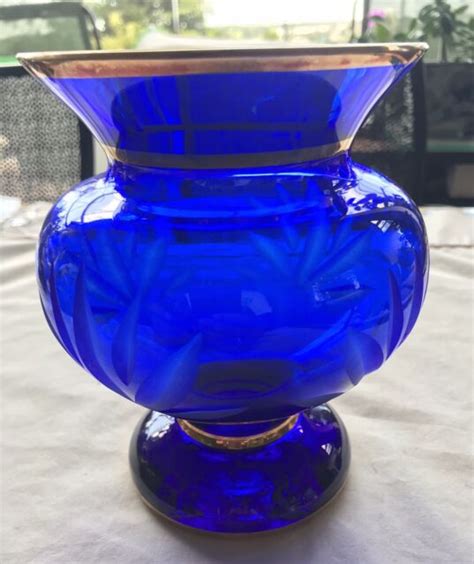 Irena 24 Cobalt Blue Lead Crystal Vase With Gold Trim Engraved Made In Poland Ebay