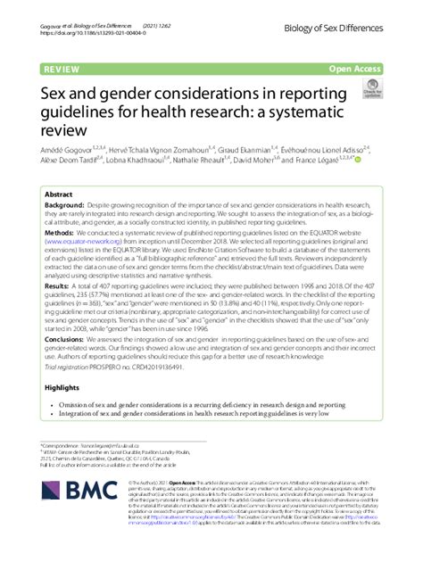 Pdf Sex And Gender Considerations In Reporting Guidelines For Health Research A Systematic