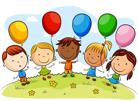 Dibujos Animados De Niños Felices Con Globos De Colores 11813820 Vector