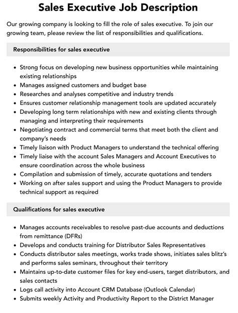 Sales Executive Job Description Velvet Jobs