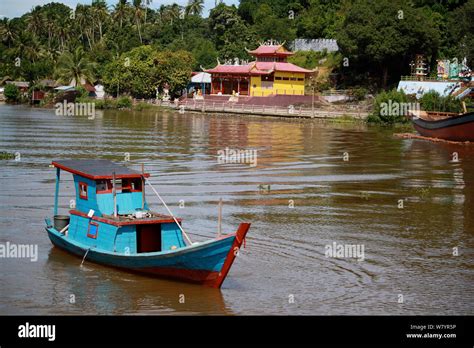 Bright Blue Boat Singkawang West Kalimantan Indonesian Borneo July