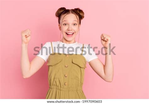 Portrait Attractive Cheerful Preteen Girl Rejoicing Stock Photo