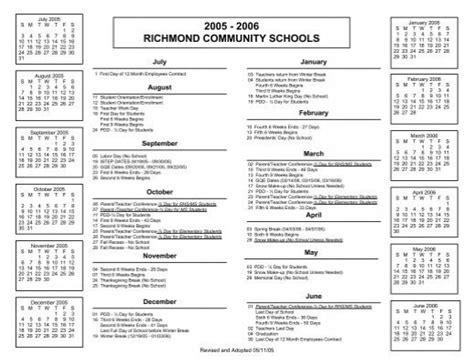 District School Calendar For 2005 2006 Richmond Community