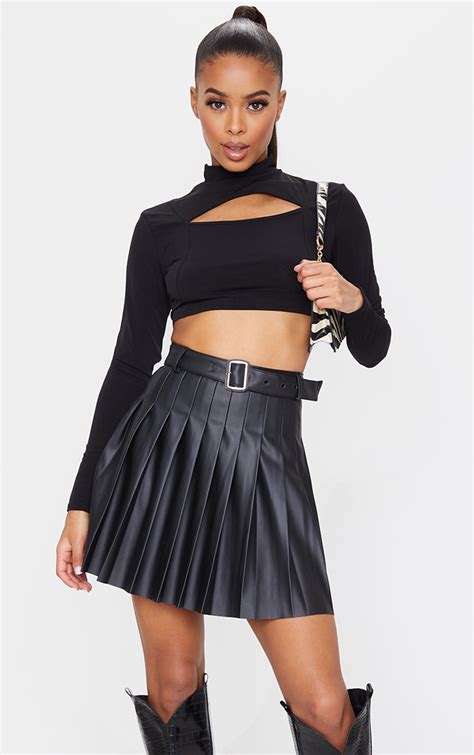 Black Faux Leather Belted Skater Skirt Prettylittlething