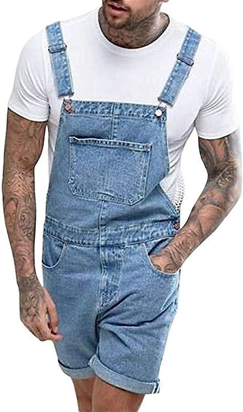 Mens Loose Fit Bib Overall Shorts Jumpsuits With Pocket Overalls Short Romper Casual Workout