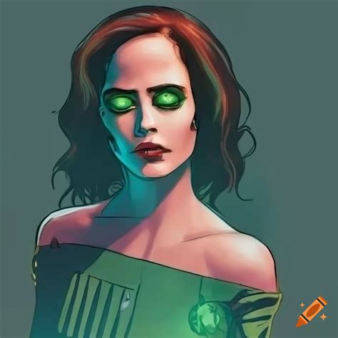 Cartoon Art Of Eva Green As Romulan Praetor Shinzon With Glowing Green