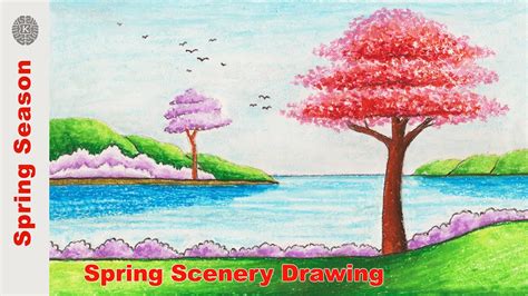 How To Draw Spring Season Spring Scenery Drawing Easy Step By Step
