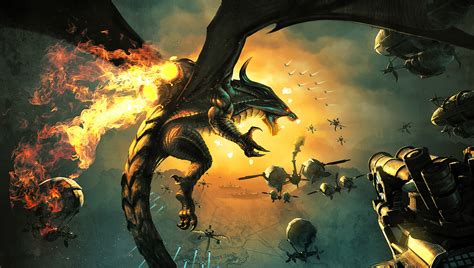 Dragon War Battle Steampunk Technics Flight Wings Fantasy Wallpaper