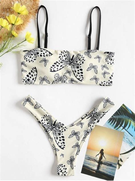 Shop For Butterfly Print Bandeau Bikini Set Beige Bikinis S At Zaful