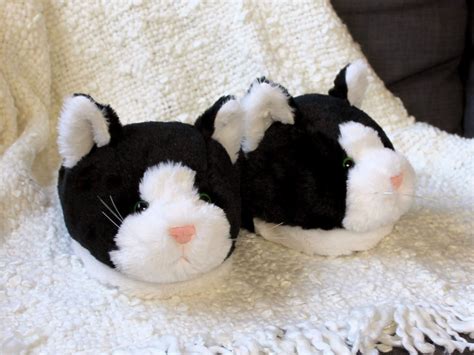 Black And White Kitty Slippers Fuzzy Tuxedo Cat Slippers Etsy