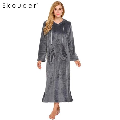 Buy Ekouaer Women Hooded Nightgown Long Sleeve Solid Fleece Thicked Nighties