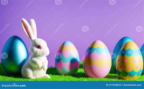 White Easter Bunny With Decorated Eggs And Background Ai Generative
