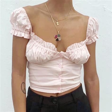 Pink Bardot Top Sweetheart Neck Frill Trim Buttoned Blouse Short Sleeve Blouse Short Sleeve