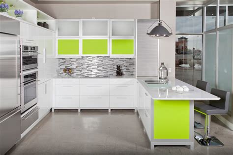 Contemporary High Gloss White And Green Contemporary Kitchen