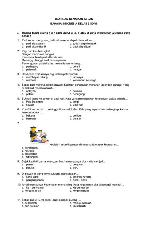 Soal Ukk Bahasa Indonesia Kelas 3 Sd Dan Kunci Jawaban