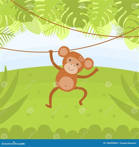 Cute Monkey Hanging On A Vine In Tropical Forest Vector Illustration