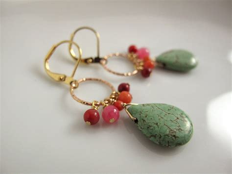 Green Turquoise Drop Earrings With Corals In Reds And Pinks On Etsy