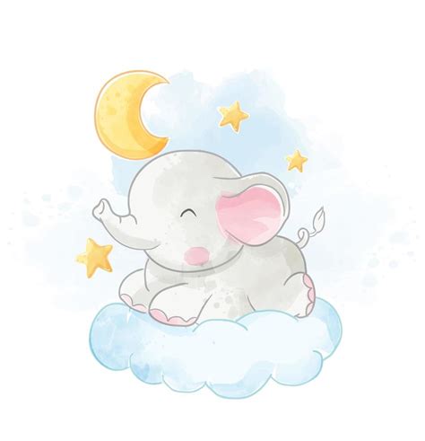 Baby Elephant Lying On Cloud With Moon 1406249 Vector Art At Vecteezy