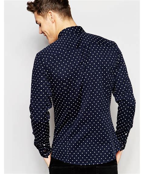 Lyst Asos Skinny Polka Dot Shirt In Navy With Long Sleeves In Blue For Men