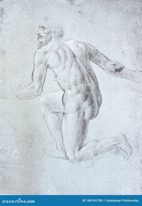 Pencil Drawing Of Naked Man By Leonardo Da Vinci In The Vintage Book