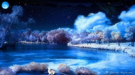 Blue Lake At Night Wallpaper Hd Theme For Desktop Background