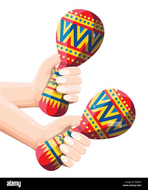 Vector Illustration Of Hand Holds Colorful Maracas Pair Maracas Flat Icon Mexican Maraca
