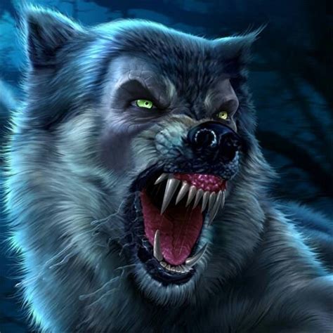 An Evil Wolf With Its Mouth Open And Glowing Green Eyes Is Shown In