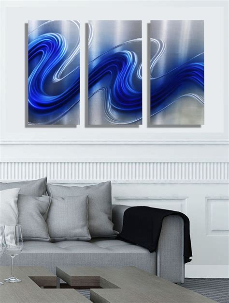 Blue and silver metal wall art. Blue & Silver Abstract Metal Wall Art Modern Painting