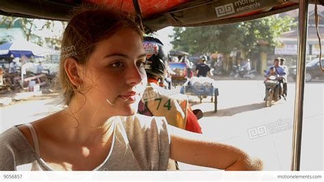 Young Girl Backpacker Traveling Alone On Tuk Tuk In Asia Stock Video