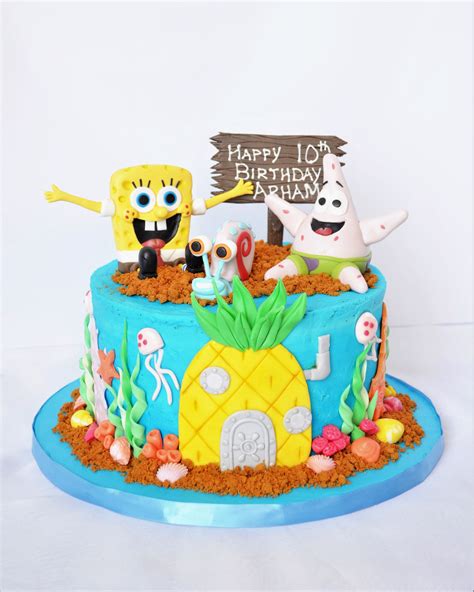 A Birthday Cake Decorated With Spongebob And Friends